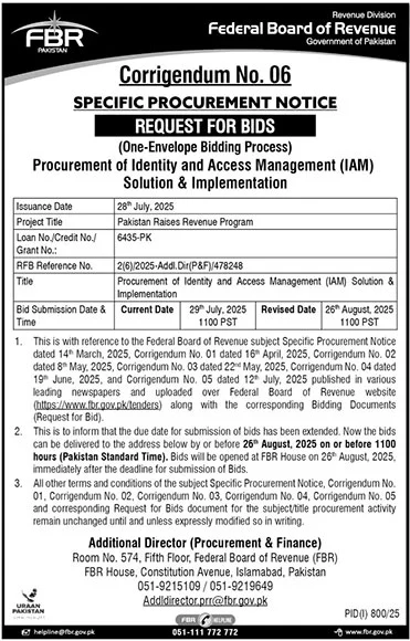Federal Board of Revenue Islamabad Tender Notice-1